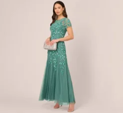 Adrianna Papell Wedding Guest Dresses|Formal Dresses*Hand Beaded Short Sleeve Floral Godet Gown In Green Slate