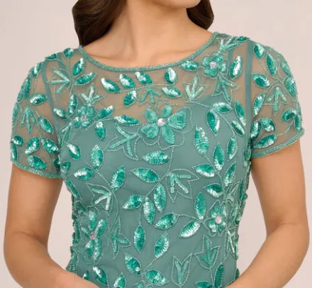 Adrianna Papell Wedding Guest Dresses|Formal Dresses*Hand Beaded Short Sleeve Floral Godet Gown In Green Slate