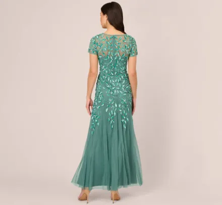 Adrianna Papell Wedding Guest Dresses|Formal Dresses*Hand Beaded Short Sleeve Floral Godet Gown In Green Slate