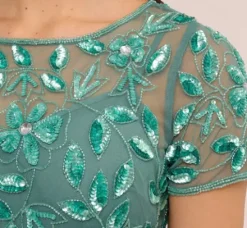 Adrianna Papell Wedding Guest Dresses|Formal Dresses*Hand Beaded Short Sleeve Floral Godet Gown In Green Slate