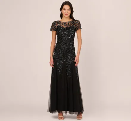 Adrianna Papell Wedding Guest Dresses|Formal Dresses*Hand Beaded Short Sleeve Floral Godet Gown In Black Gunmetal