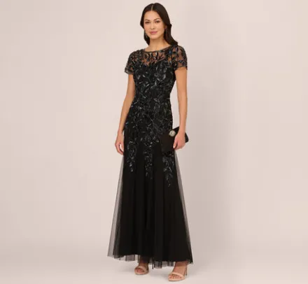 Adrianna Papell Wedding Guest Dresses|Formal Dresses*Hand Beaded Short Sleeve Floral Godet Gown In Black Gunmetal