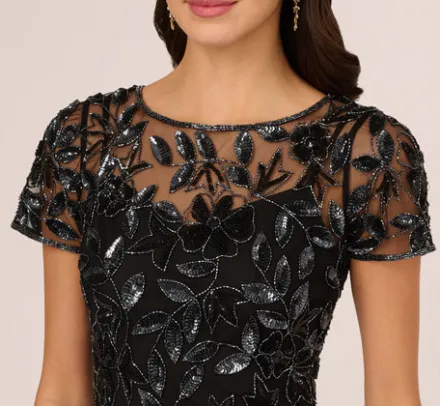 Adrianna Papell Wedding Guest Dresses|Formal Dresses*Hand Beaded Short Sleeve Floral Godet Gown In Black Gunmetal