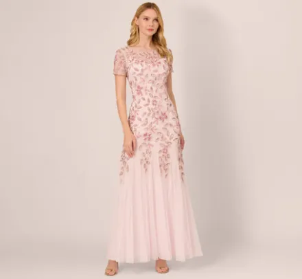 Adrianna Papell Wedding Guest Dresses|Formal Dresses*Hand Beaded Short Sleeve Floral Godet Gown In Blush Pink