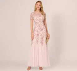 Adrianna Papell Wedding Guest Dresses|Formal Dresses*Hand Beaded Short Sleeve Floral Godet Gown In Blush Pink