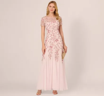 Adrianna Papell Wedding Guest Dresses|Formal Dresses*Hand Beaded Short Sleeve Floral Godet Gown In Blush Pink