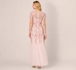 Adrianna Papell Wedding Guest Dresses|Formal Dresses*Hand Beaded Short Sleeve Floral Godet Gown In Blush Pink