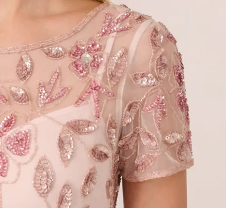Adrianna Papell Wedding Guest Dresses|Formal Dresses*Hand Beaded Short Sleeve Floral Godet Gown In Blush Pink