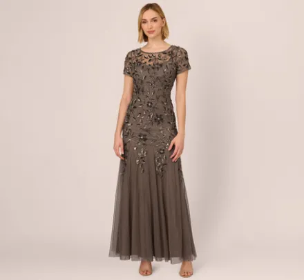 Adrianna Papell Wedding Guest Dresses|Formal Dresses*Hand Beaded Short Sleeve Floral Godet Gown In