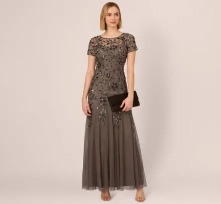 Adrianna Papell Wedding Guest Dresses|Formal Dresses*Hand Beaded Short Sleeve Floral Godet Gown In