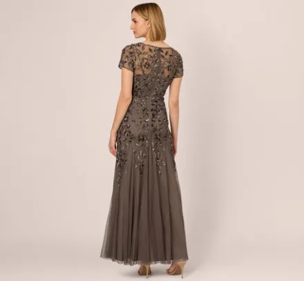 Adrianna Papell Wedding Guest Dresses|Formal Dresses*Hand Beaded Short Sleeve Floral Godet Gown In