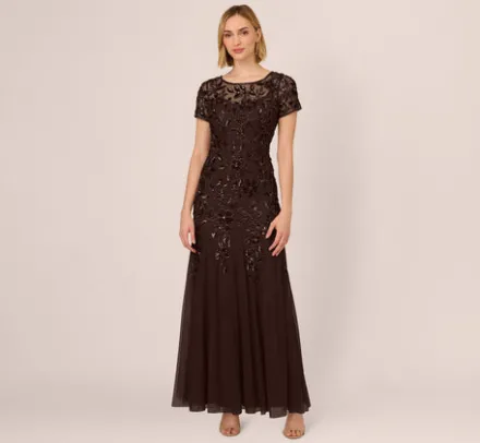 Adrianna Papell Wedding Guest Dresses|Formal Dresses*Hand Beaded Short Sleeve Floral Godet Gown In