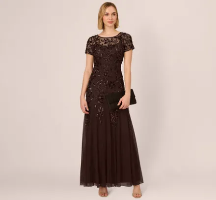 Adrianna Papell Wedding Guest Dresses|Formal Dresses*Hand Beaded Short Sleeve Floral Godet Gown In