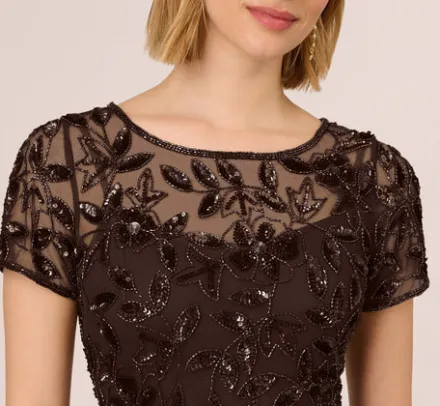 Adrianna Papell Wedding Guest Dresses|Formal Dresses*Hand Beaded Short Sleeve Floral Godet Gown In
