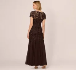 Adrianna Papell Wedding Guest Dresses|Formal Dresses*Hand Beaded Short Sleeve Floral Godet Gown In