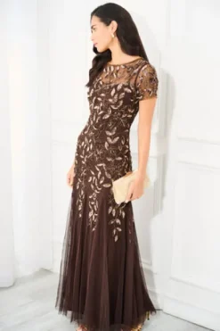 Adrianna Papell Wedding Guest Dresses|Formal Dresses*Hand Beaded Short Sleeve Floral Godet Gown In