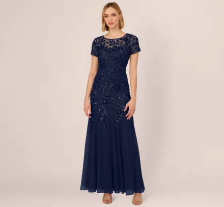 Adrianna Papell Wedding Guest Dresses|Formal Dresses*Hand Beaded Short Sleeve Floral Godet Gown In Light Navy