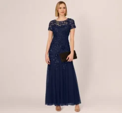 Adrianna Papell Wedding Guest Dresses|Formal Dresses*Hand Beaded Short Sleeve Floral Godet Gown In Light Navy