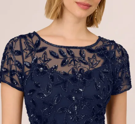 Adrianna Papell Wedding Guest Dresses|Formal Dresses*Hand Beaded Short Sleeve Floral Godet Gown In Light Navy