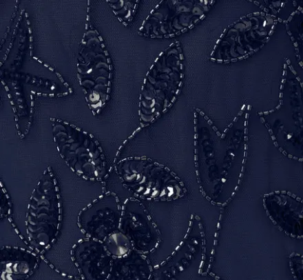 Adrianna Papell Wedding Guest Dresses|Formal Dresses*Hand Beaded Short Sleeve Floral Godet Gown In Light Navy