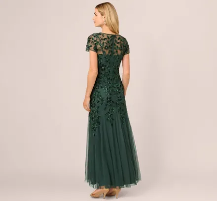 Adrianna Papell Wedding Guest Dresses|Formal Dresses*Hand Beaded Short Sleeve Floral Godet Gown In Dusty Emerald