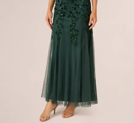 Adrianna Papell Wedding Guest Dresses|Formal Dresses*Hand Beaded Short Sleeve Floral Godet Gown In Dusty Emerald