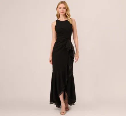 Adrianna Papell Wedding Guest Dresses|Formal Dresses*High Low Crepe Halter Gown With Organza Draping In