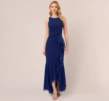 Adrianna Papell Wedding Guest Dresses|Formal Dresses*High Low Crepe Halter Gown With Organza Draping In Navy Sateen
