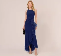Adrianna Papell Wedding Guest Dresses|Formal Dresses*High Low Crepe Halter Gown With Organza Draping In Navy Sateen