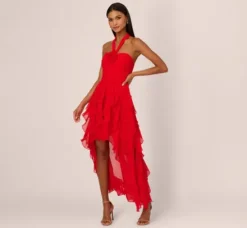 Adrianna Papell Wedding Guest Dresses|Formal Dresses*High Low Halter Dress With 3D Floral Accent In Red Desire