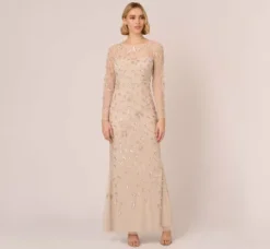 Adrianna Papell Wedding Guest Dresses|Formal Dresses*Illusion Floral Beaded Gown With Sheer Long Sleeves In