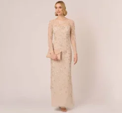 Adrianna Papell Wedding Guest Dresses|Formal Dresses*Illusion Floral Beaded Gown With Sheer Long Sleeves In