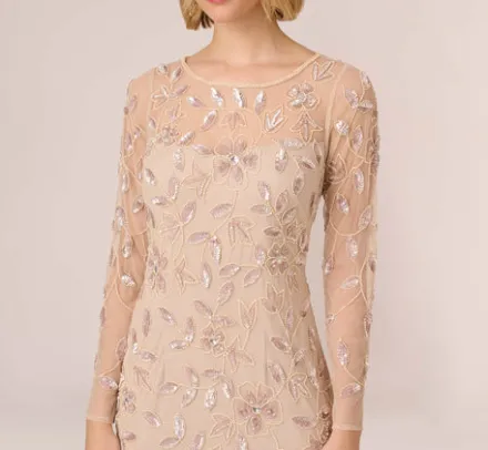 Adrianna Papell Wedding Guest Dresses|Formal Dresses*Illusion Floral Beaded Gown With Sheer Long Sleeves In