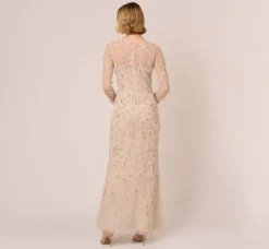 Adrianna Papell Wedding Guest Dresses|Formal Dresses*Illusion Floral Beaded Gown With Sheer Long Sleeves In