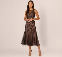 Adrianna Papell Wedding Guest Dresses|Grandmother Of The Bride & Groom*Illusion Neckline Beaded Dress In Black Rosegold