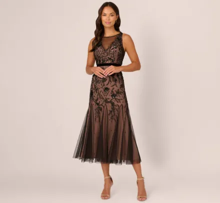 Adrianna Papell Wedding Guest Dresses|Grandmother Of The Bride & Groom*Illusion Neckline Beaded Dress In Black Rosegold