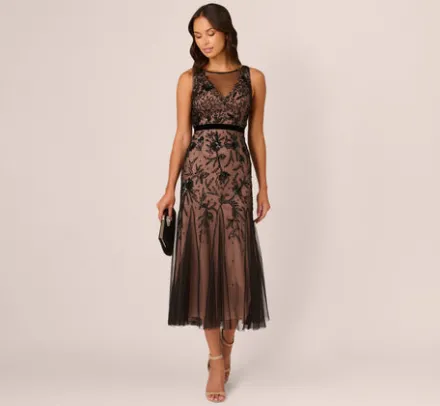 Adrianna Papell Wedding Guest Dresses|Grandmother Of The Bride & Groom*Illusion Neckline Beaded Dress In Black Rosegold