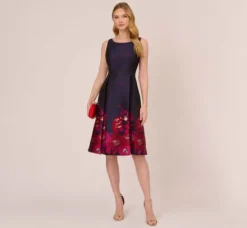Adrianna Papell Wedding Guest Dresses|Day Dresses*Jacquard Midi Dress With Metallic Floral Trim In Navy Pink Multi