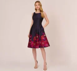 Adrianna Papell Wedding Guest Dresses|Day Dresses*Jacquard Midi Dress With Metallic Floral Trim In Navy Pink Multi