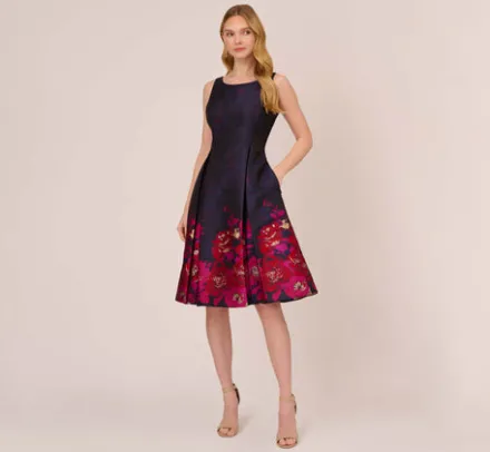 Adrianna Papell Wedding Guest Dresses|Day Dresses*Jacquard Midi Dress With Metallic Floral Trim In Navy Pink Multi