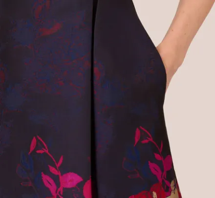 Adrianna Papell Wedding Guest Dresses|Day Dresses*Jacquard Midi Dress With Metallic Floral Trim In Navy Pink Multi