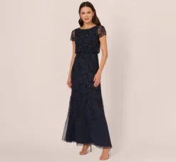 Adrianna Papell Wedding Guest Dresses|Formal Dresses*Jasmine Beaded Blouson Gown With Sheer Short Sleeves In Navy Black