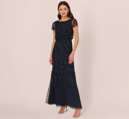 Adrianna Papell Wedding Guest Dresses|Formal Dresses*Jasmine Beaded Blouson Gown With Sheer Short Sleeves In Navy Black