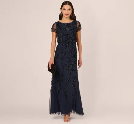 Adrianna Papell Wedding Guest Dresses|Formal Dresses*Jasmine Beaded Blouson Gown With Sheer Short Sleeves In Navy Black