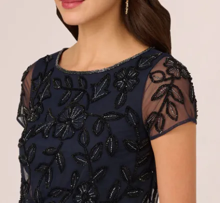 Adrianna Papell Wedding Guest Dresses|Formal Dresses*Jasmine Beaded Blouson Gown With Sheer Short Sleeves In Navy Black