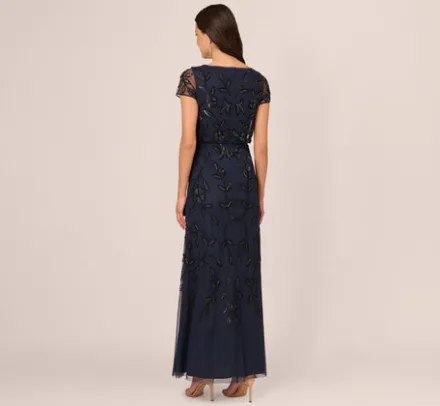 Adrianna Papell Wedding Guest Dresses|Formal Dresses*Jasmine Beaded Blouson Gown With Sheer Short Sleeves In Navy Black