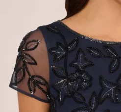 Adrianna Papell Wedding Guest Dresses|Formal Dresses*Jasmine Beaded Blouson Gown With Sheer Short Sleeves In Navy Black