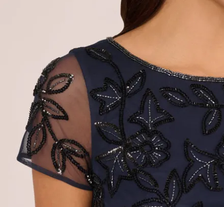 Adrianna Papell Wedding Guest Dresses|Formal Dresses*Jasmine Beaded Blouson Gown With Sheer Short Sleeves In Navy Black