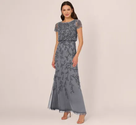 Adrianna Papell Wedding Guest Dresses|Formal Dresses*Jasmine Beaded Blouson Gown With Sheer Short Sleeves In Dusty Blue