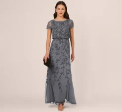 Adrianna Papell Wedding Guest Dresses|Formal Dresses*Jasmine Beaded Blouson Gown With Sheer Short Sleeves In Dusty Blue